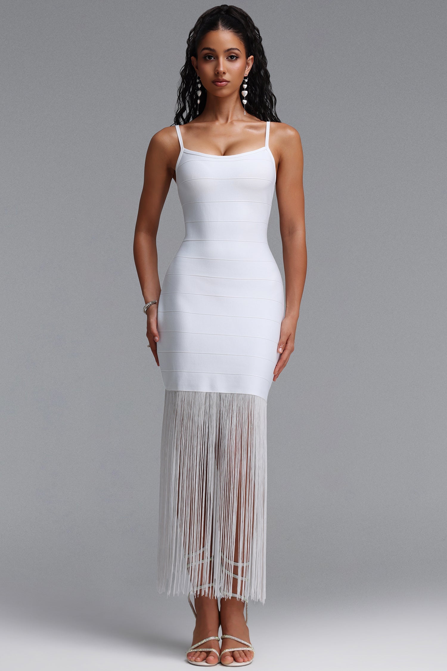 Demere Chic Contour Fringe Bandage White Maxi Dress D260401438