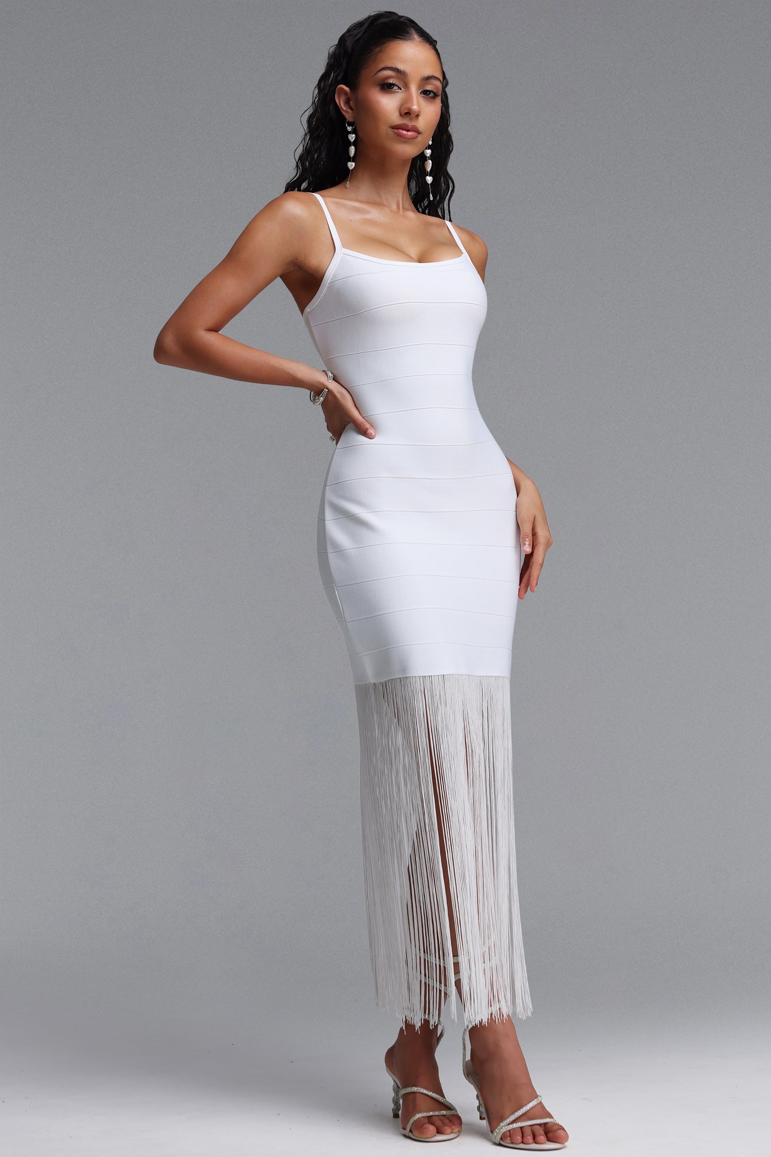 Demere Chic Contour Fringe Bandage White Maxi Dress D260401438
