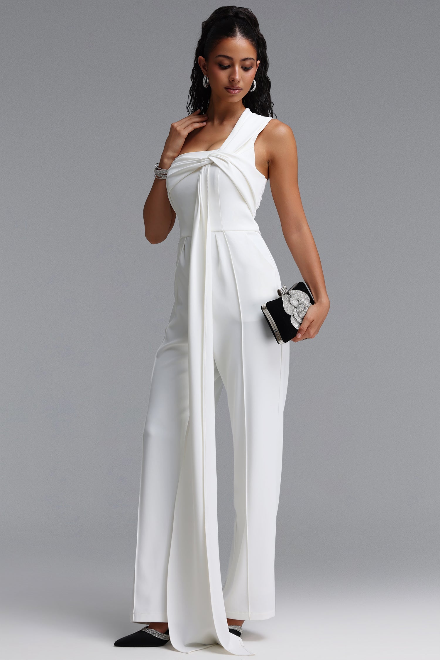 Lexy Elegant One Shoulder Knot Pleated Long Jumpsuit D260404402