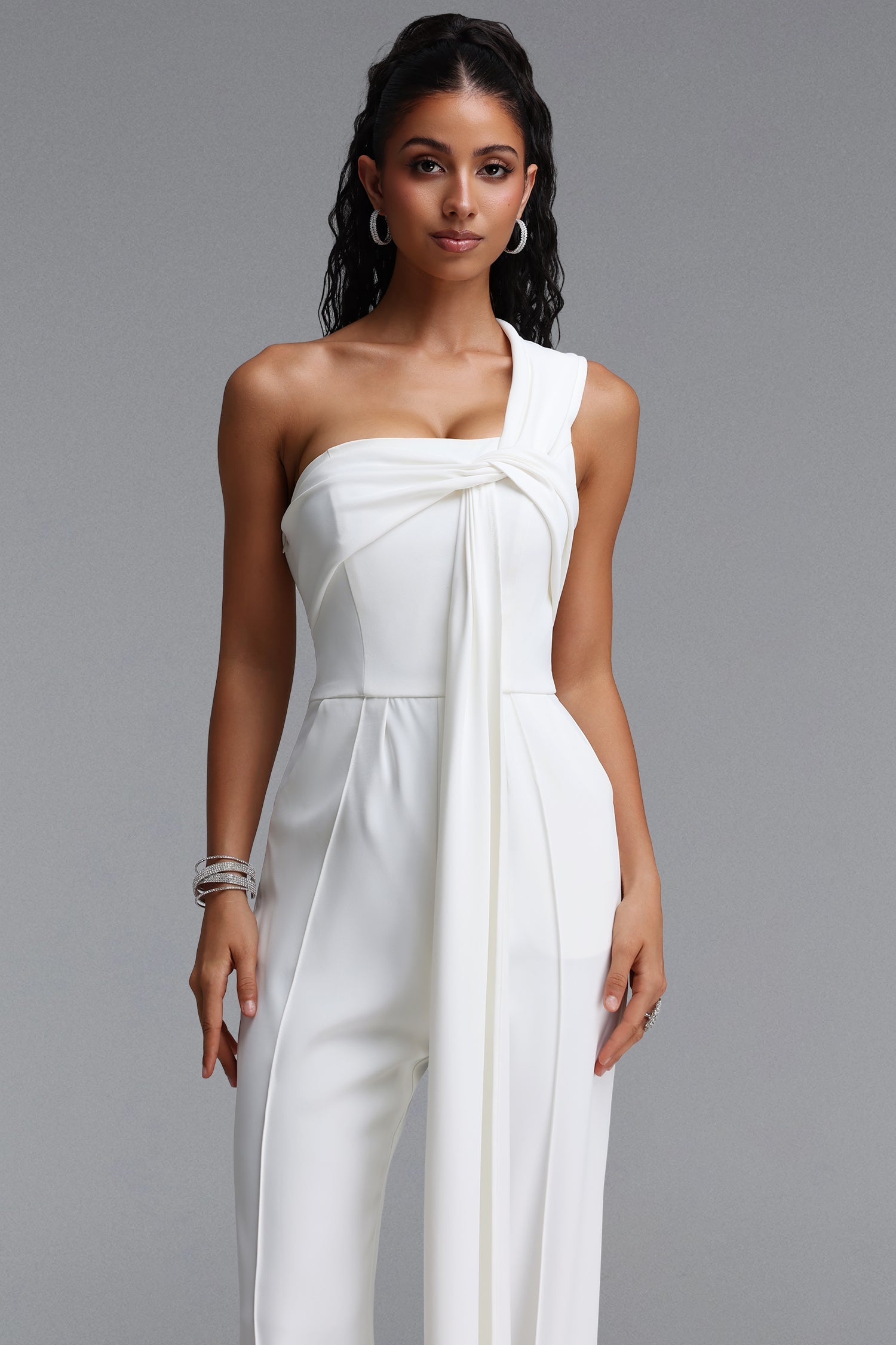 Lexy Elegant One Shoulder Knot Pleated Long Jumpsuit D260404402