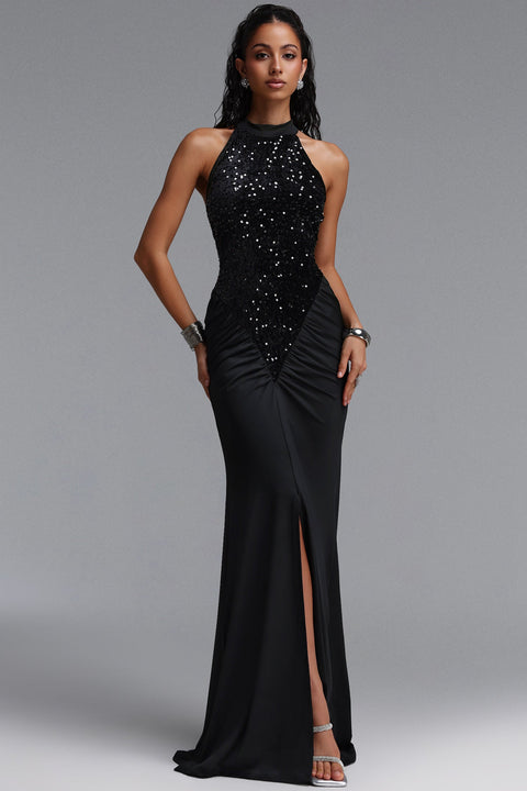 Octavia Elegant Contour Sleeveless Slit Sequin Woven Black Maxi Dress by Bella Barnett