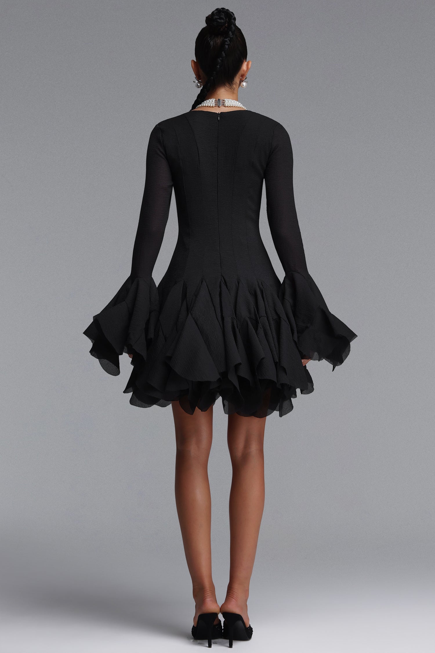 Uhren Vintage Flowy Long Sleeve Ruffle Chiffon Mini Dress C260800080
