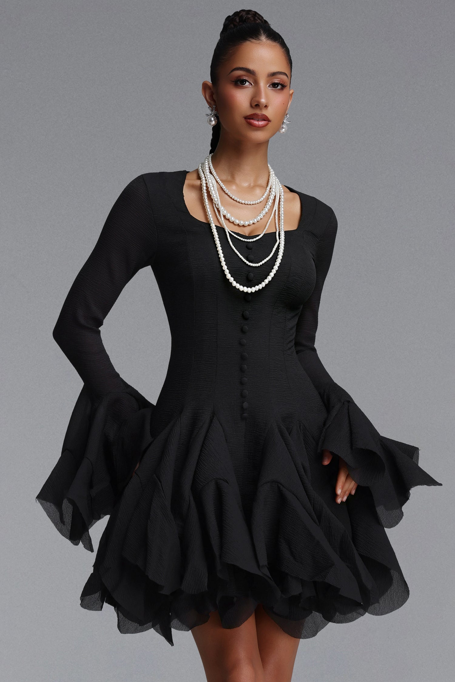 Uhren Vintage Flowy Long Sleeve Ruffle Chiffon Mini Dress C260800080