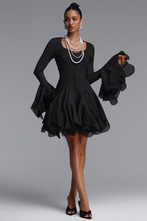 Uhren Vintage Flowy Long Sleeve Ruffle Chiffon Mini Dress by Bella Barnett