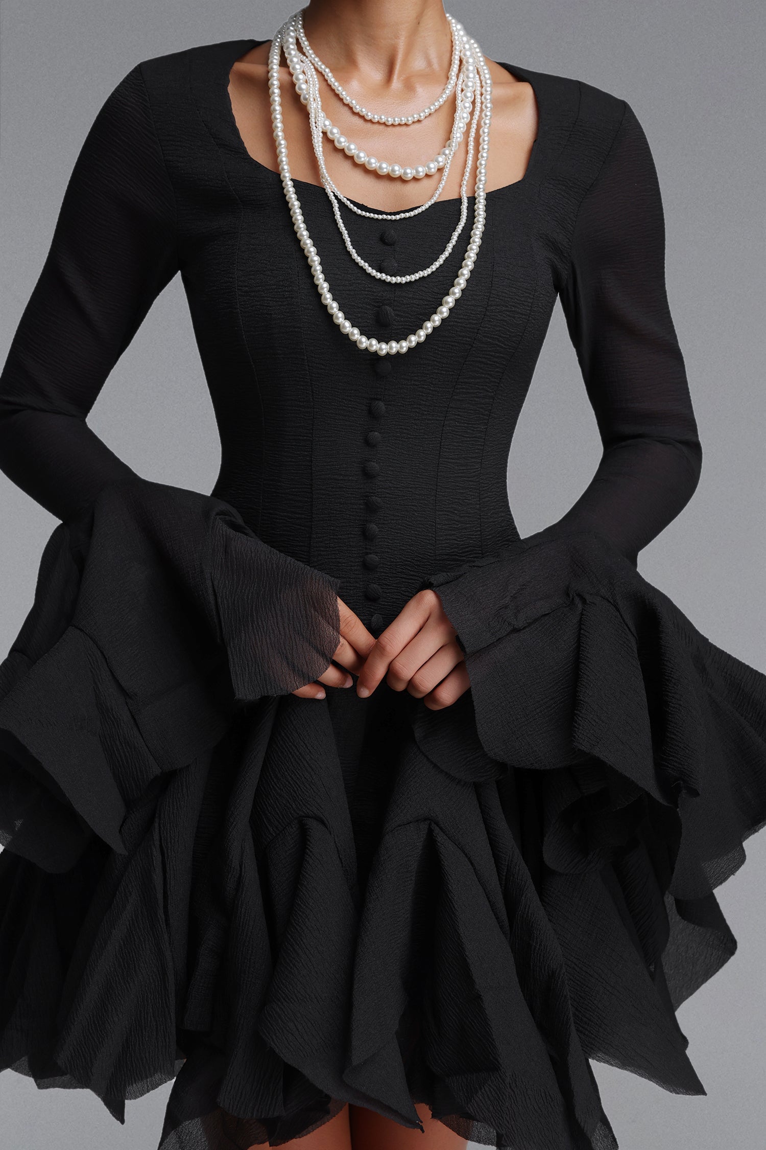 Uhren Vintage Flowy Long Sleeve Ruffle Chiffon Mini Dress C260800080