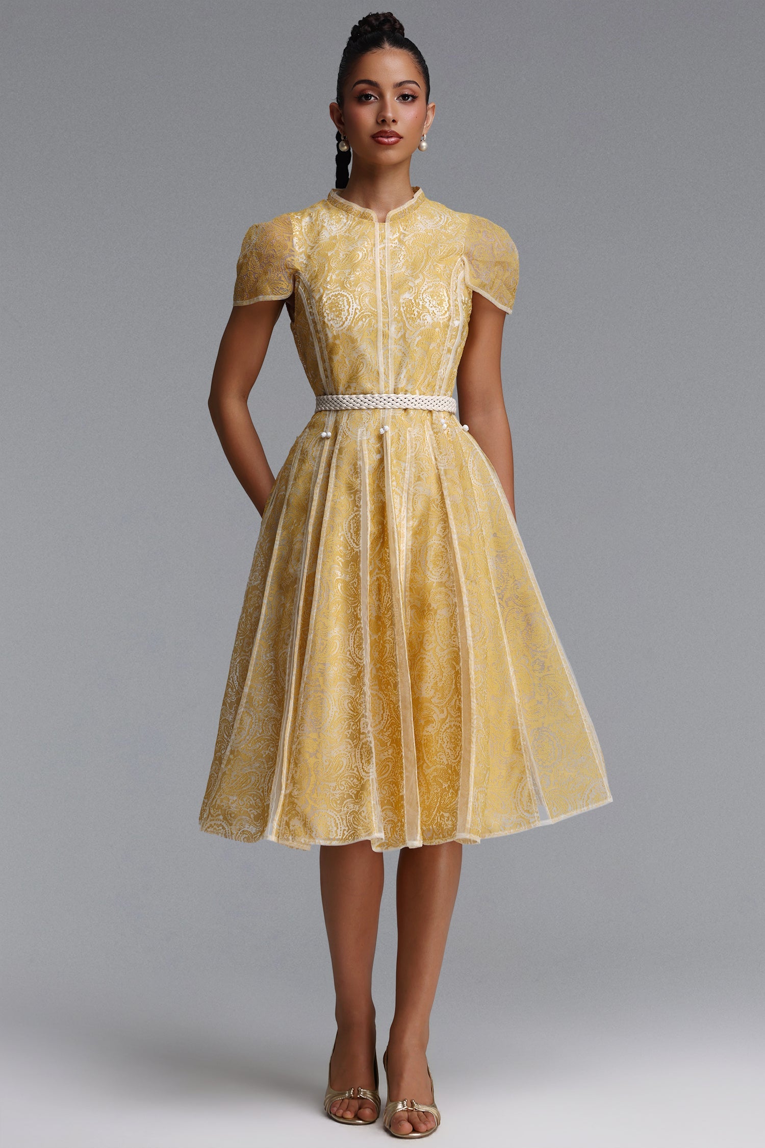 Rosita Elegant Cinched Waist Stand Collar Short‑Sleeve Paisley Woven Maxi Dress C260205402