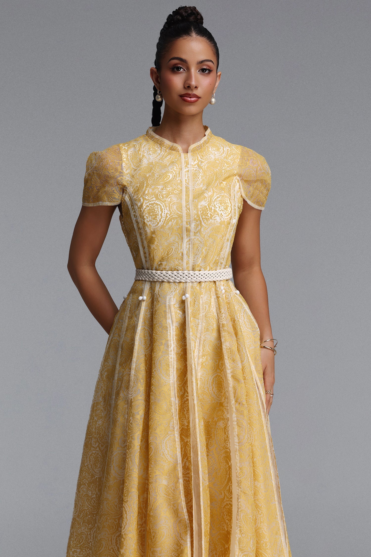 Rosita Elegant Cinched Waist Stand Collar Short‑Sleeve Paisley Woven Maxi Dress C260205402