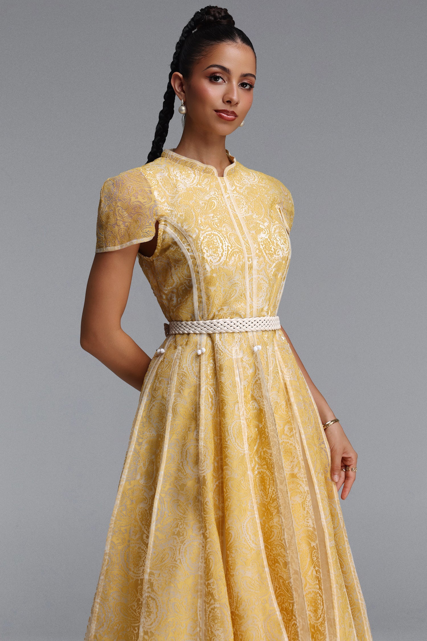 Rosita Elegant Cinched Waist Stand Collar Short‑Sleeve Paisley Woven Maxi Dress C260205402