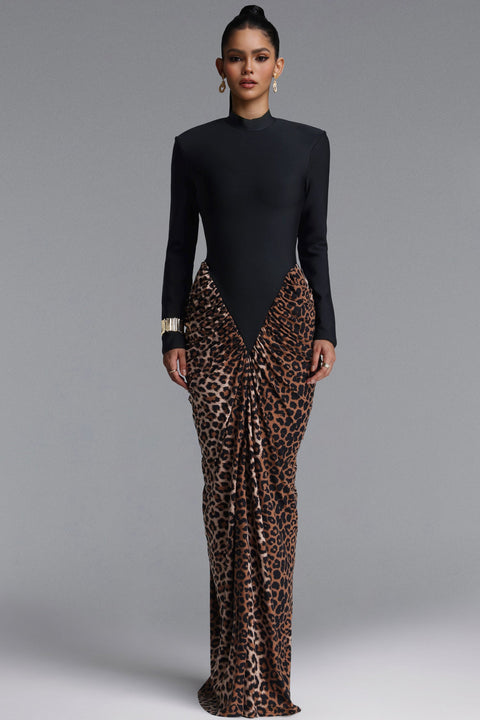 Classic High Neck Long Sleeve Color Block Draped Bandage Maxi Dress by Bella Barnett