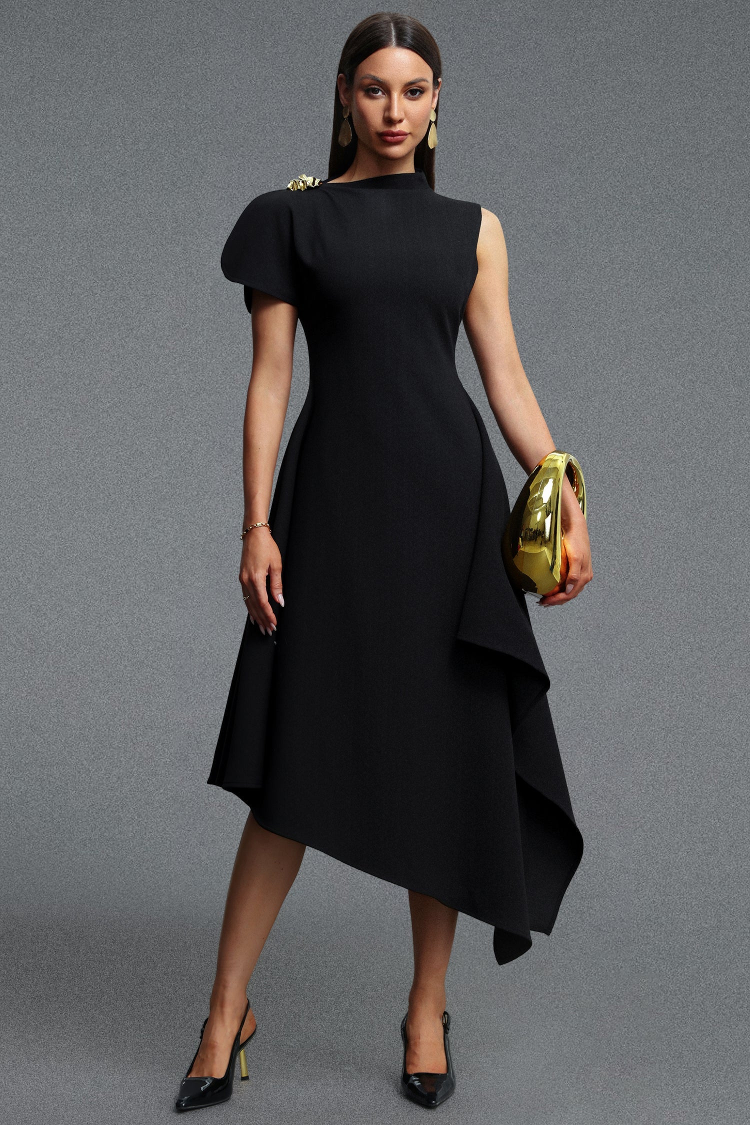 Weren Elegant Contour High Neck Asymmetric Black Maxi Dress D251201536