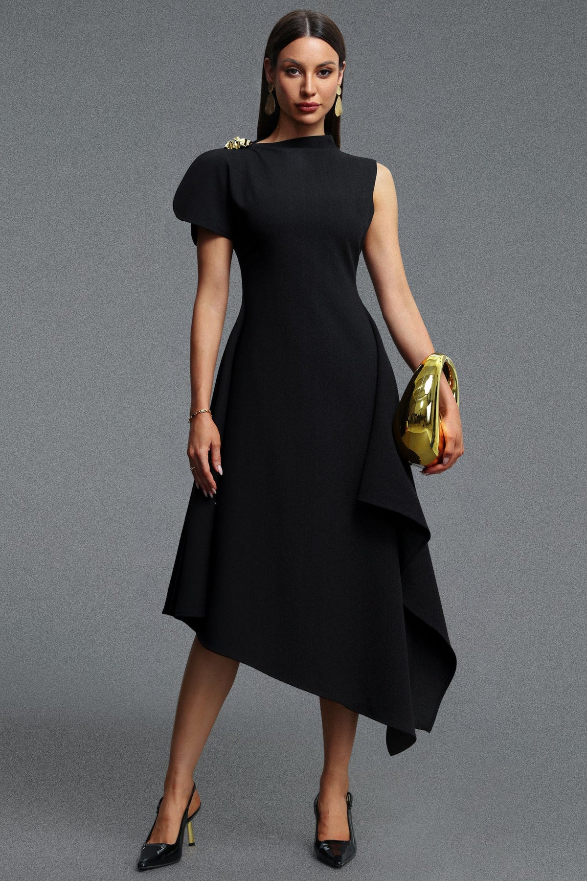 Weren Elegant Contour High Neck Asymmetric Black Maxi Dress D251201536