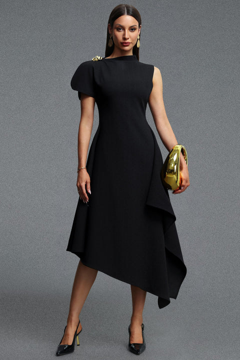 Weren Elegant Contour High Neck Asymmetric Black Maxi Dress by Bella Barnett