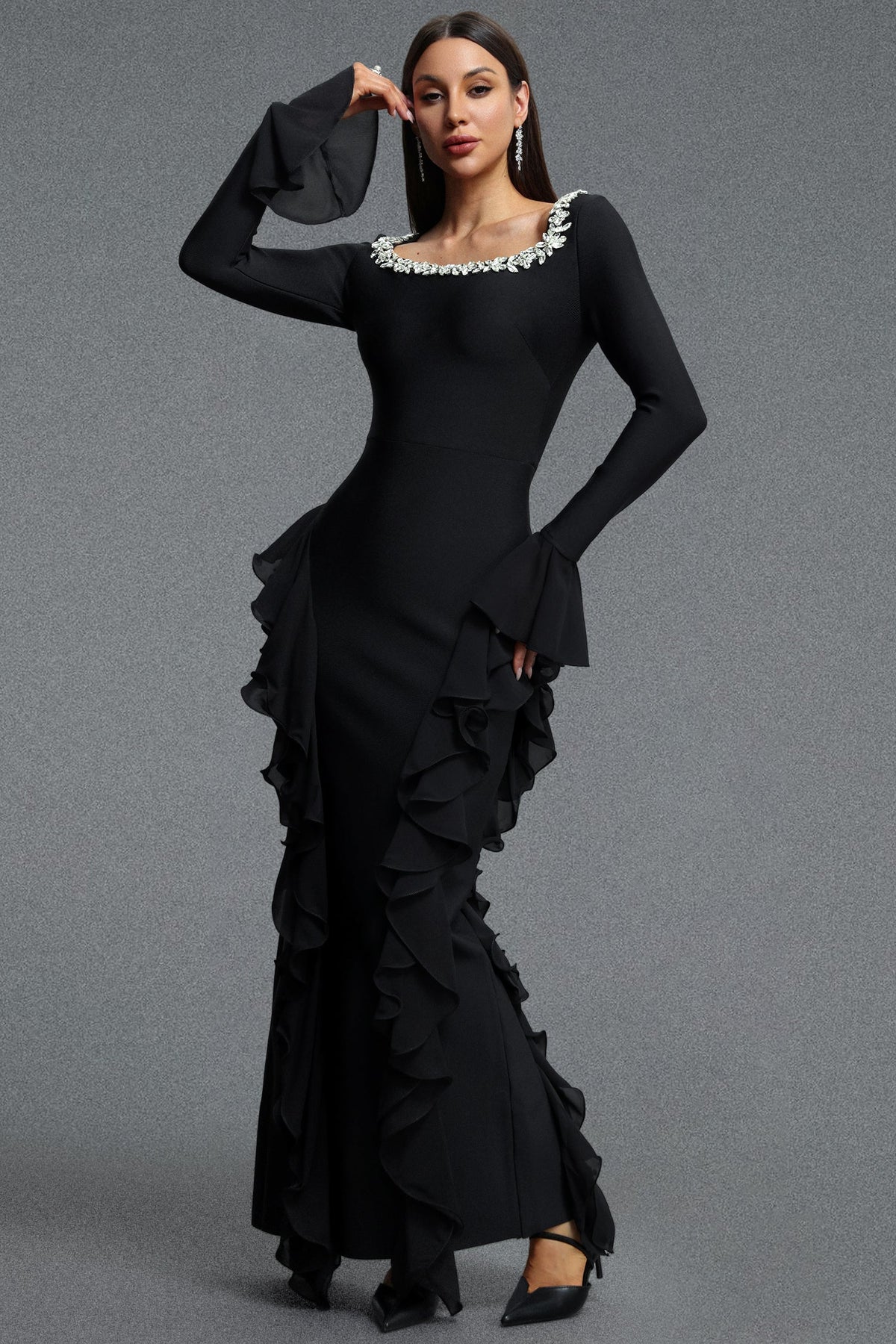 Mavis Elegant Luxurious Square Neck Long Sleeve Rhinestone Embellished Ruffle Bandage Maxi Dress D260901169