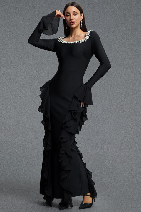 Mavis Elegant Luxurious Square Neck Long Sleeve Rhinestone Embellished Ruffle Bandage Maxi Dress by Bella Barnett
