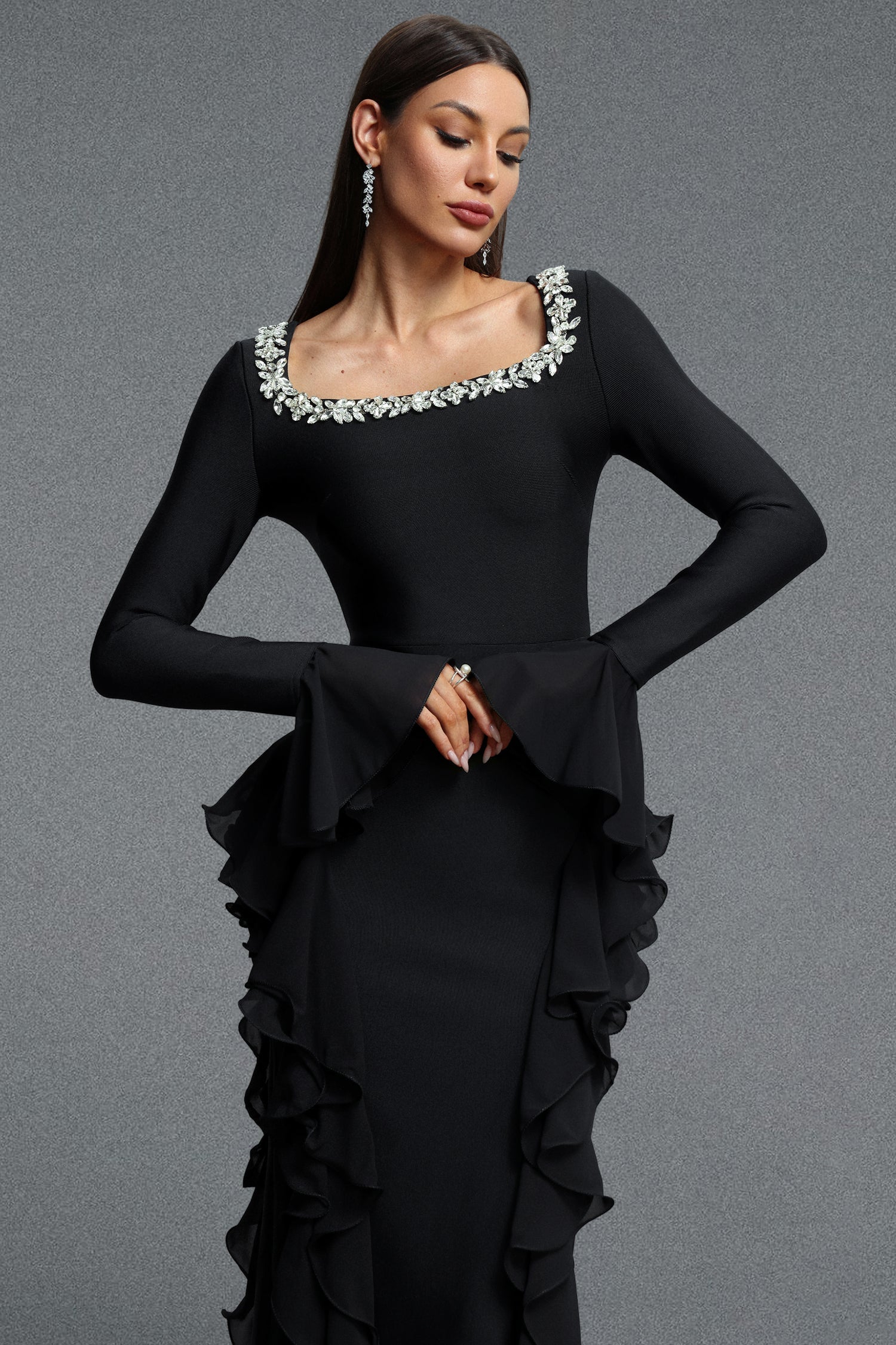Mavis Elegant Luxurious Square Neck Long Sleeve Rhinestone Embellished Ruffle Bandage Maxi Dress D260901169
