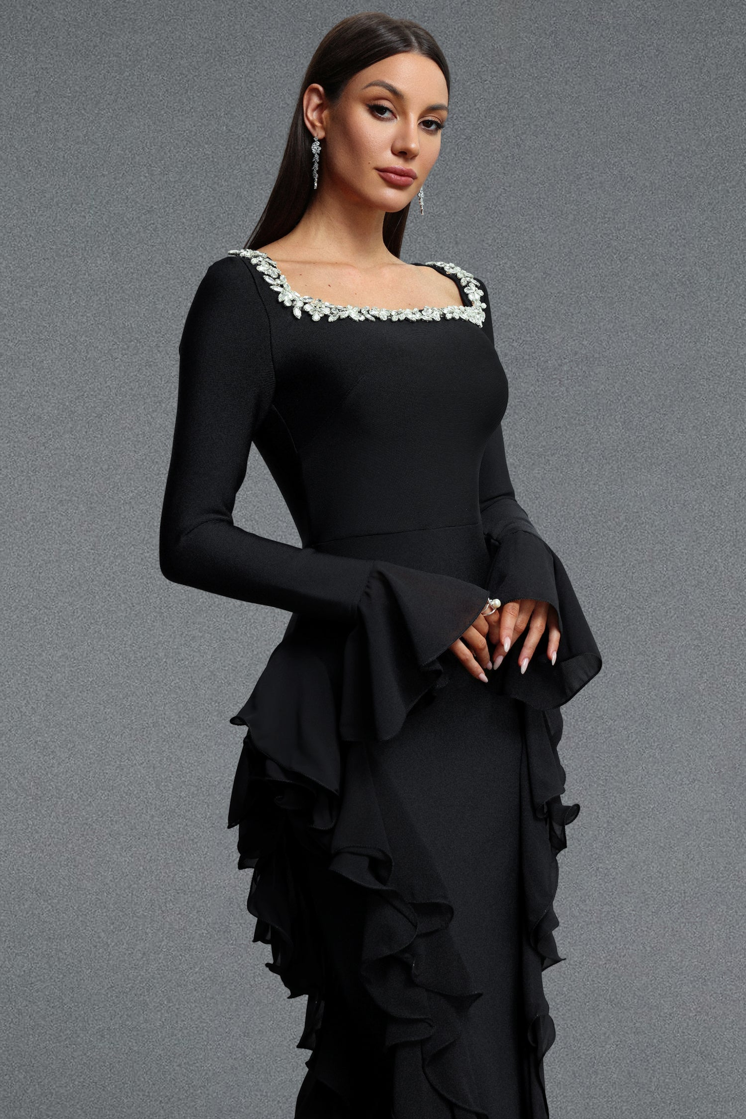 Mavis Elegant Luxurious Square Neck Long Sleeve Rhinestone Embellished Ruffle Bandage Maxi Dress D260901169