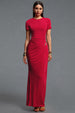 Rojo Chic Contour Short Sleeve Ruched Metal Floral Decor Knit Maxi Dress by Bella Barnett