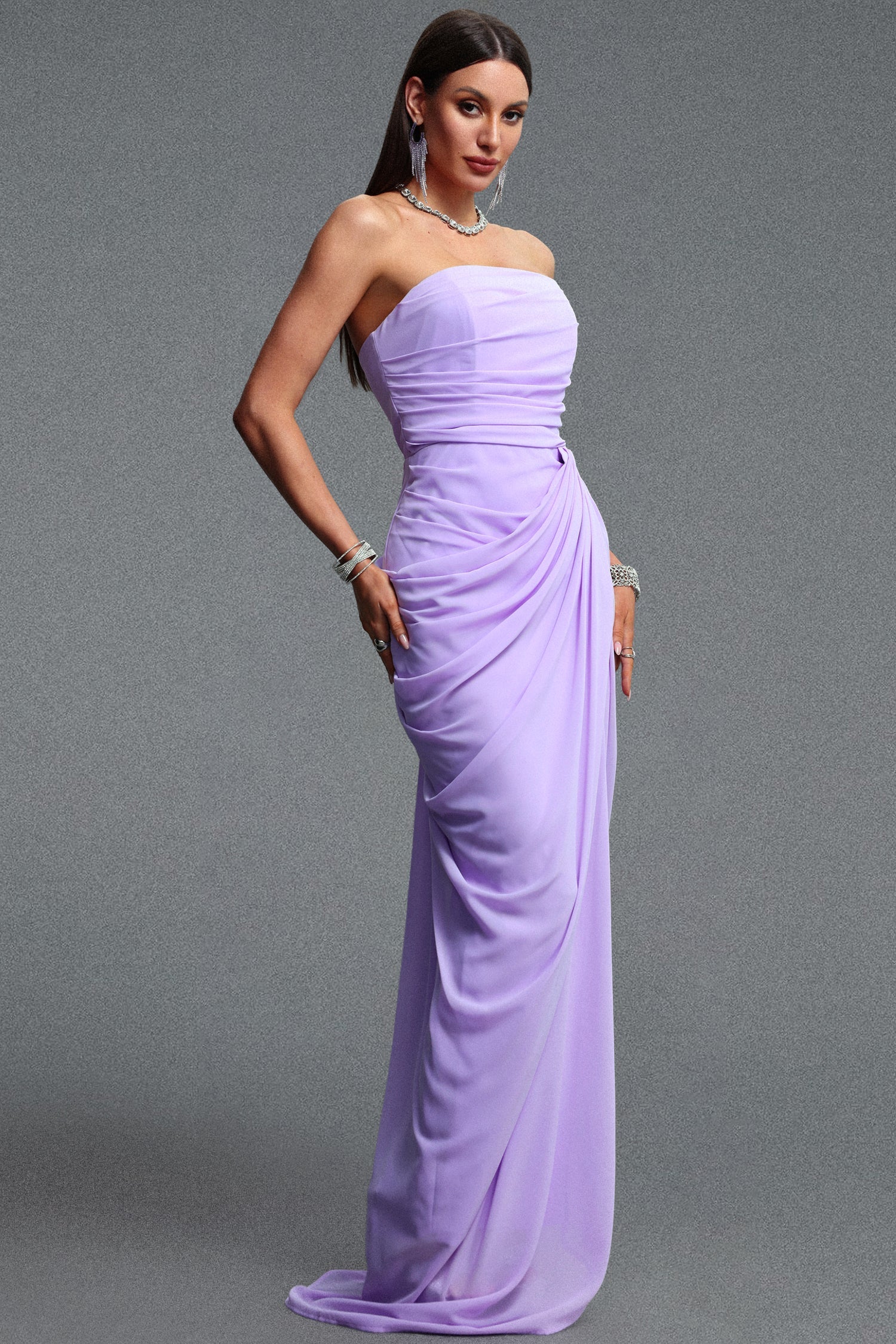 Tazeda Elegant Contour Strapless Ruched Mesh Purple Maxi Dress D260501434