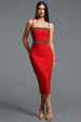 Lestie Minimalist Contour Straight Neck Gold Woven Bandage Red Midi Dress by Bella Barnett