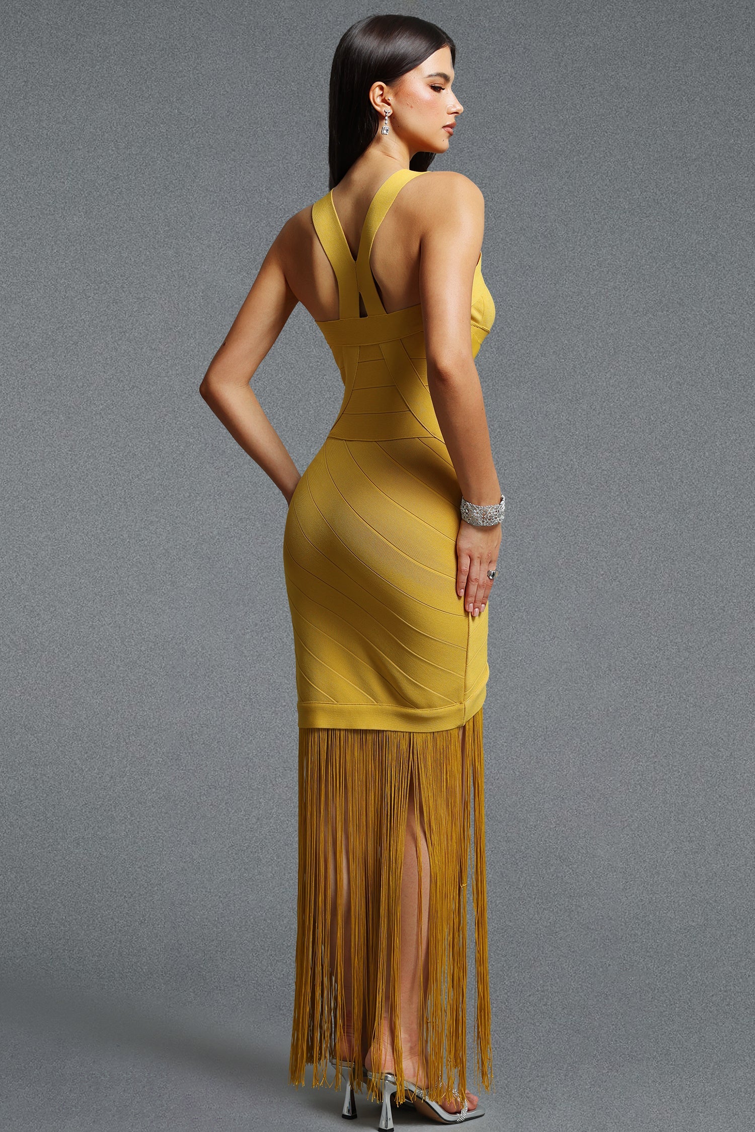 Emma Chic Contour V Neck Sleeveless Fringe Yellow Bandage Maxi Dress D260101318