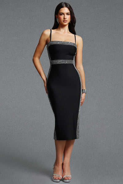 Lestie Minimalist Contour Straight Neck Silver Trim Woven Bandage Midi Dress by Bella Barnett