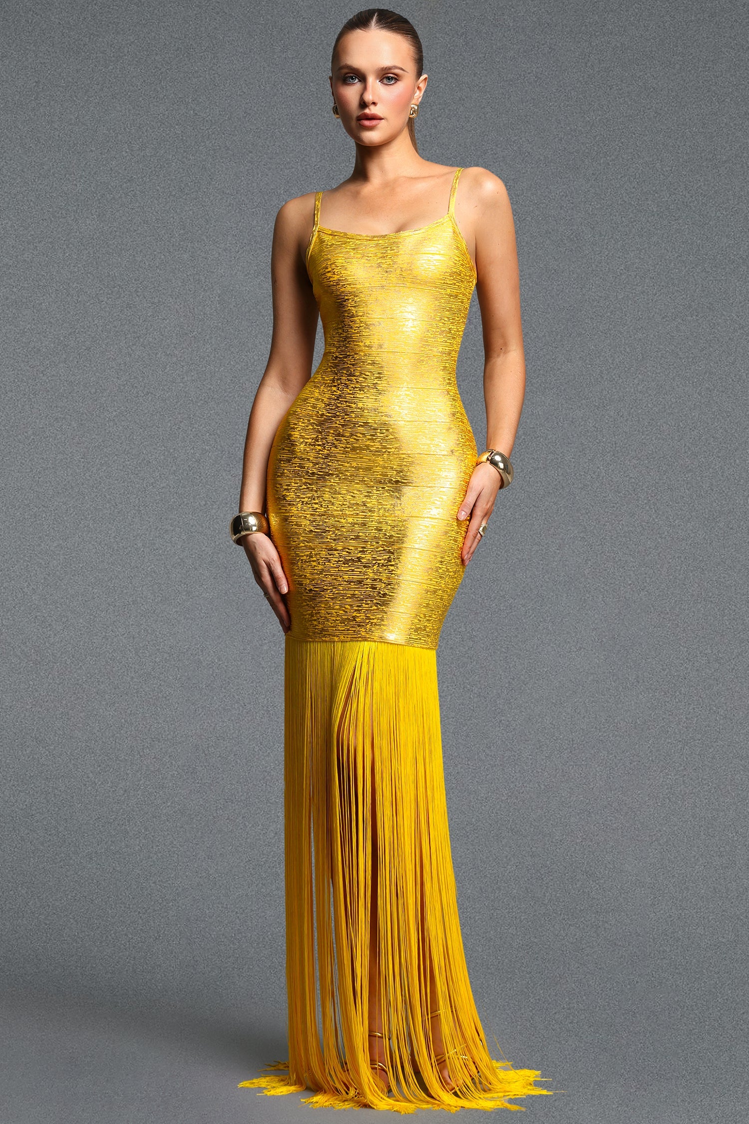 Labola Chic Contour Fringe Gold Bandage Maxi Dress D260701102