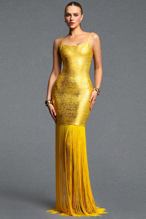 Labola Chic Contour Fringe Gold Bandage Maxi Dress by Bella Barnett