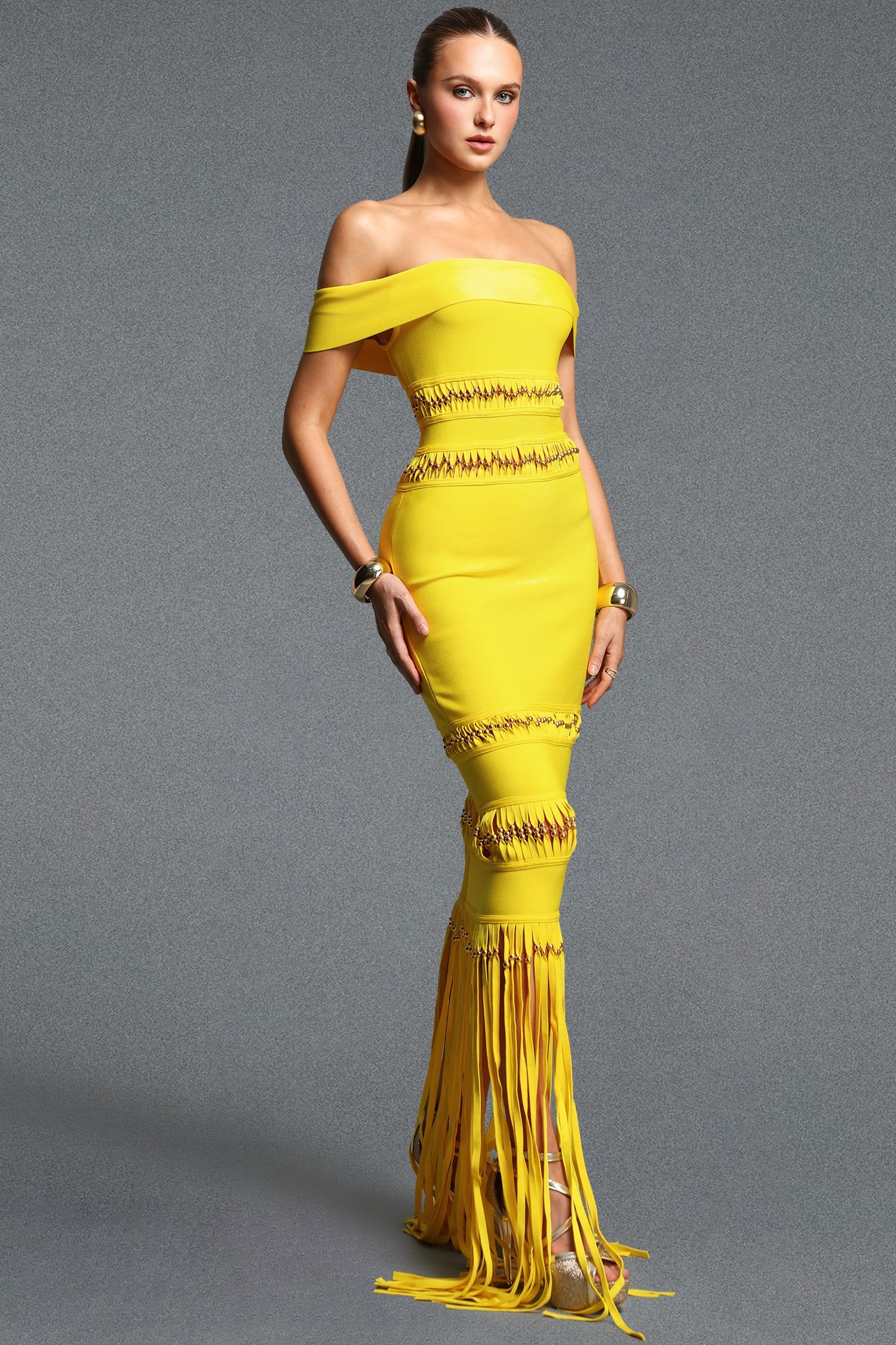 Sylvia Elegant Off Shoulder Beaded Tassel Bandage Maxi Dress D260705402