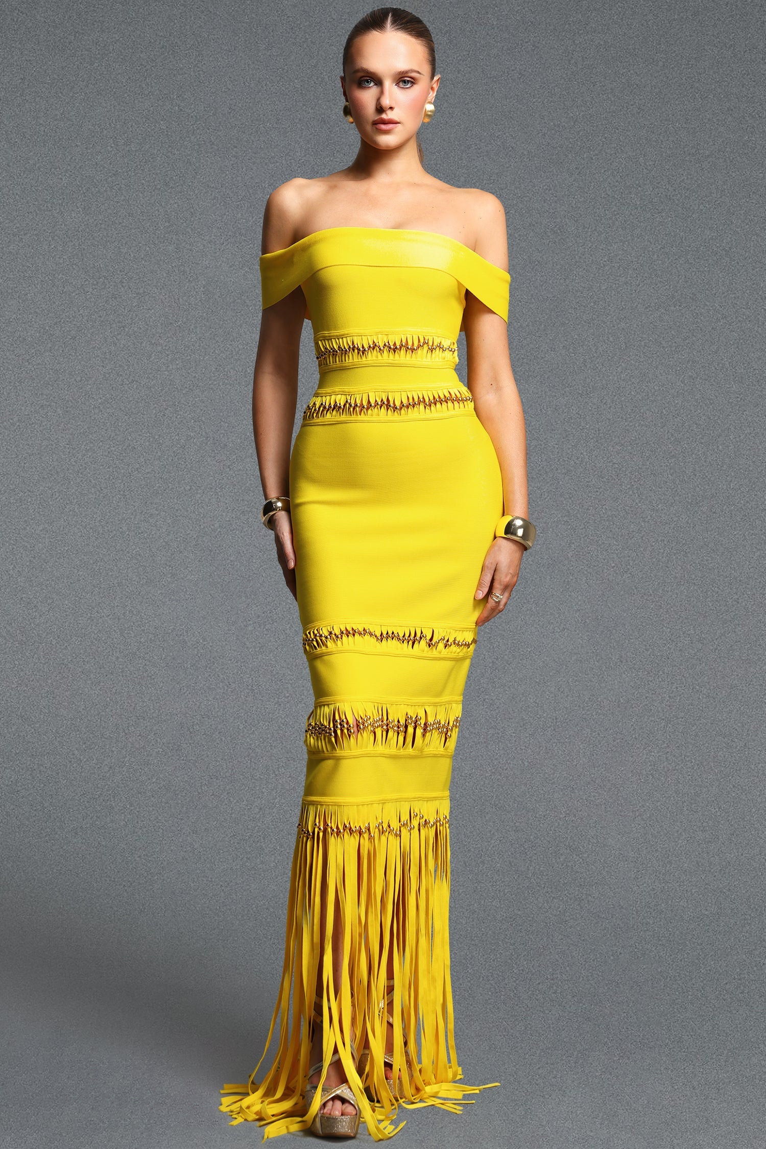 Sylvia Elegant Off Shoulder Beaded Tassel Bandage Maxi Dress D260705402