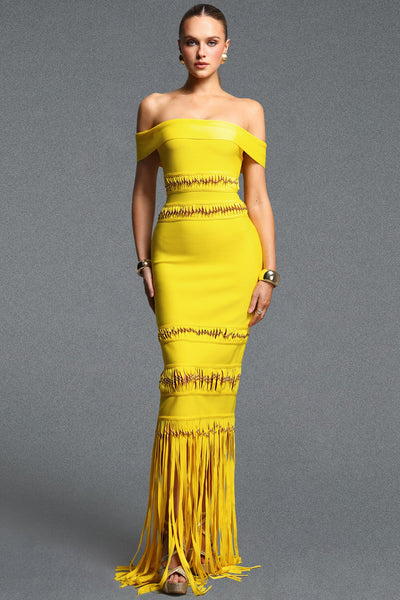 Yellow - Sylvia Elegant Off Shoulder Beaded Tassel Bandage Maxi Dress by Bella Barnett