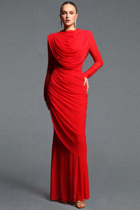 Kale Elegant Cinched Waist Long Sleeve Ruched Mermaid Woven Maxi Dress by Bella Barnett