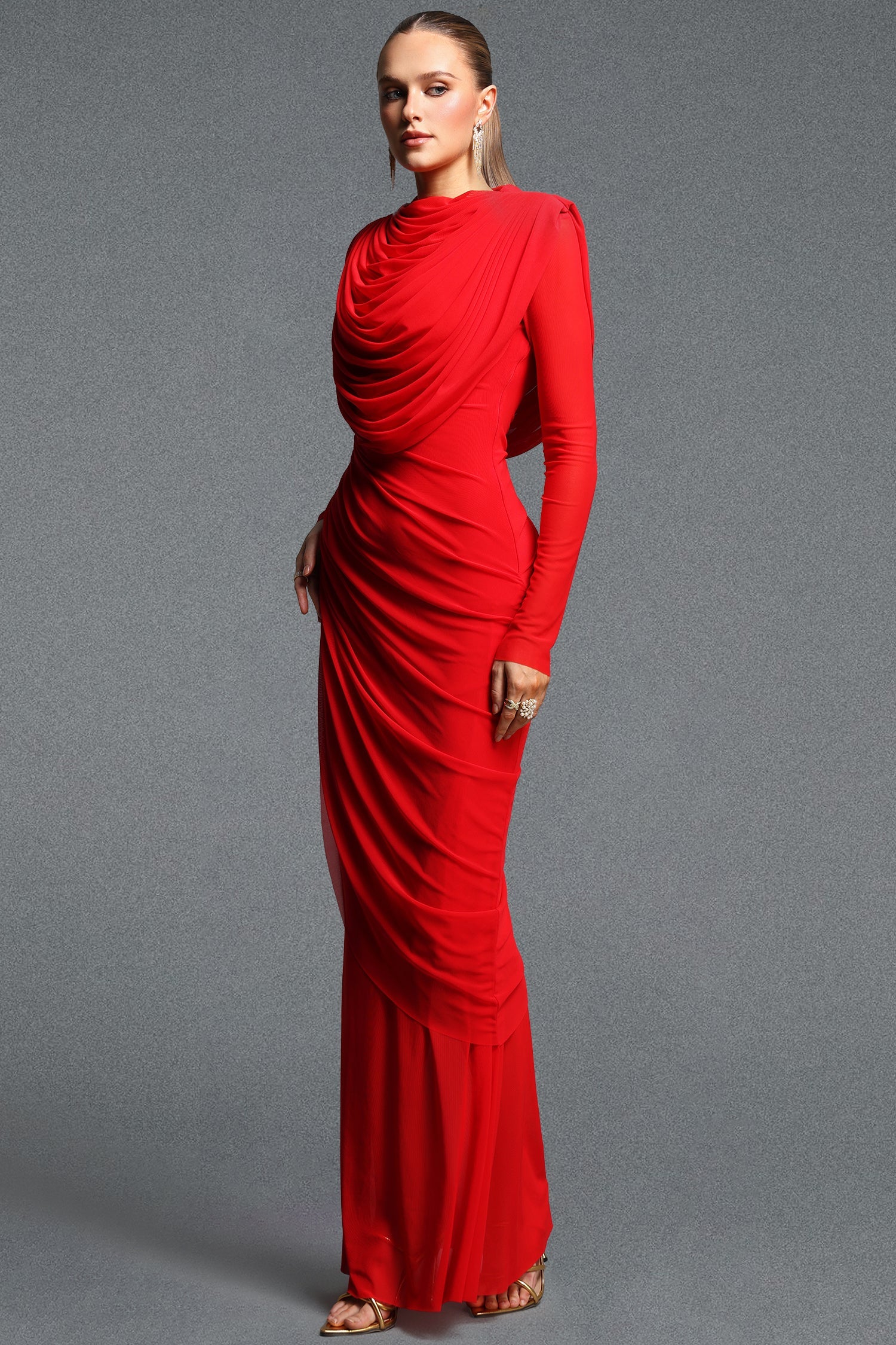 Kale Elegant Cinched Waist Long Sleeve Ruched Mermaid Woven Maxi Dress D260901317