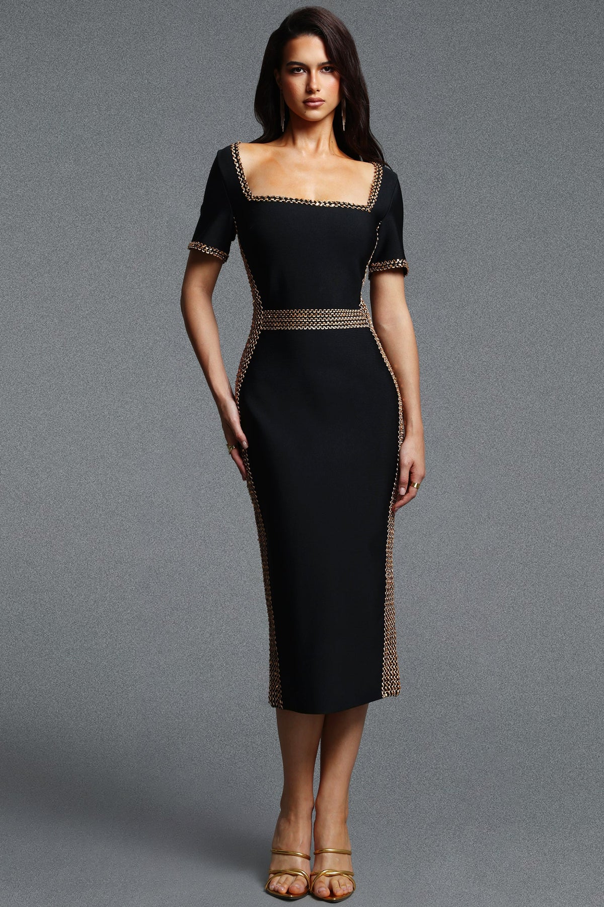 Lestie Chic Contour Short Sleeve Gold Trim Bandage Midi Dress D260805401