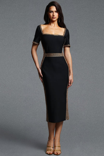 Black - Lestie Chic Contour Short Sleeve Gold Trim Bandage Midi Dress by Bella Barnett