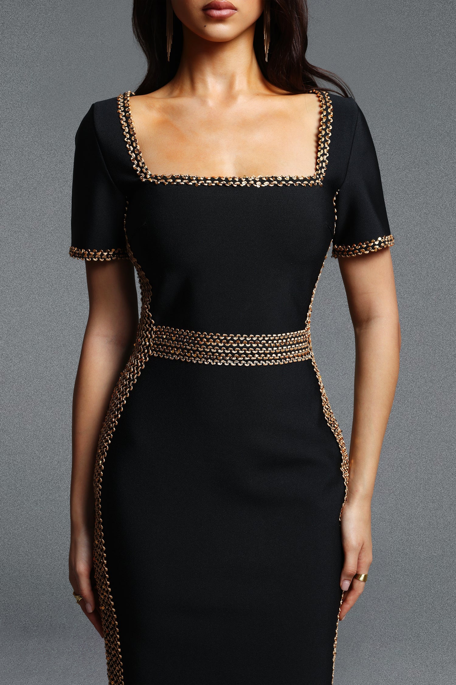 Lestie Chic Contour Short Sleeve Gold Trim Bandage Midi Dress D260805401