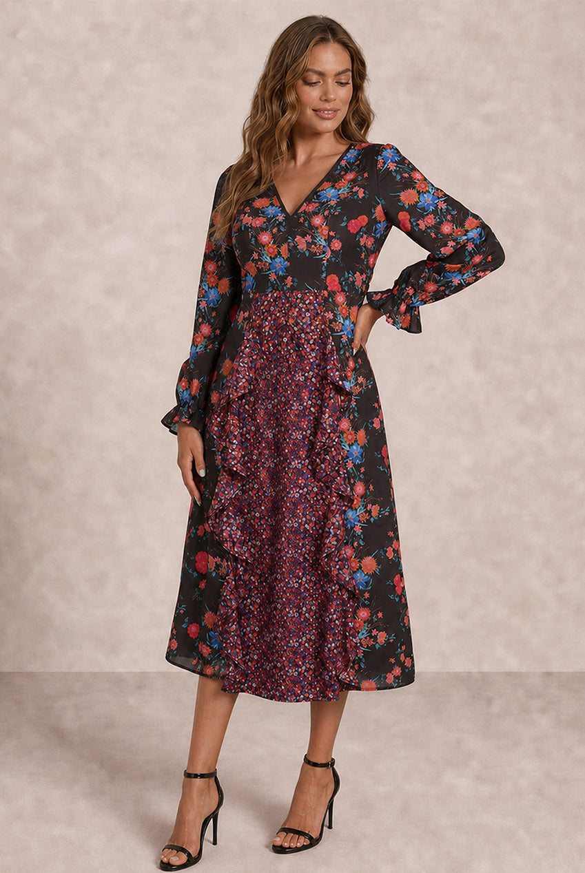Long Sleeve Plunge Floral Printed Midi Dress In Black 20418BK
