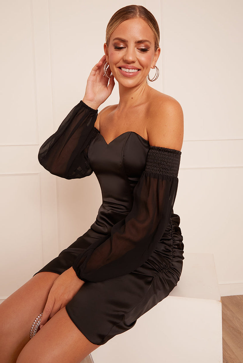 Long Sleeve Corset Style Satin Mini Dress In Black 20419BK