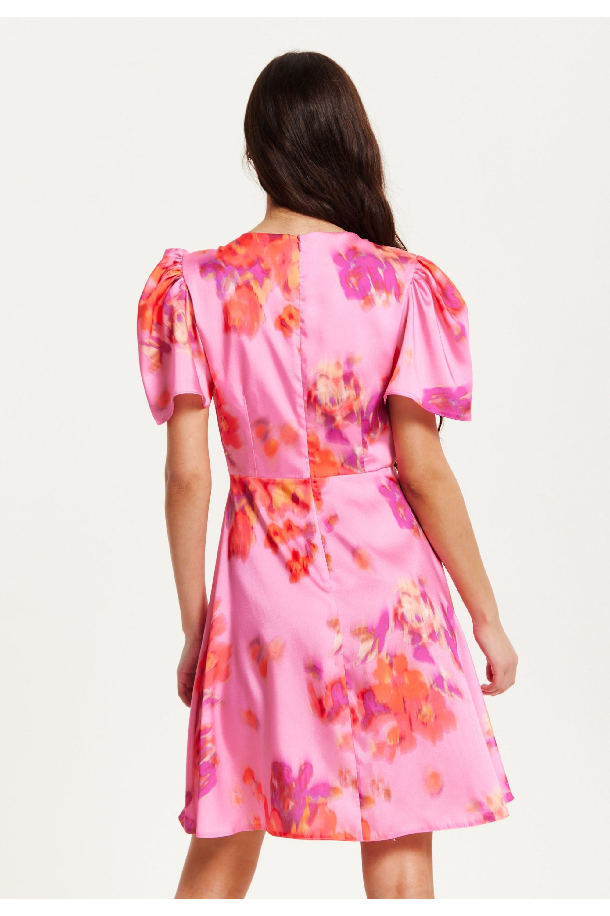 Floral Printed Angel Sleeve Mini Dress In Pink SVL004