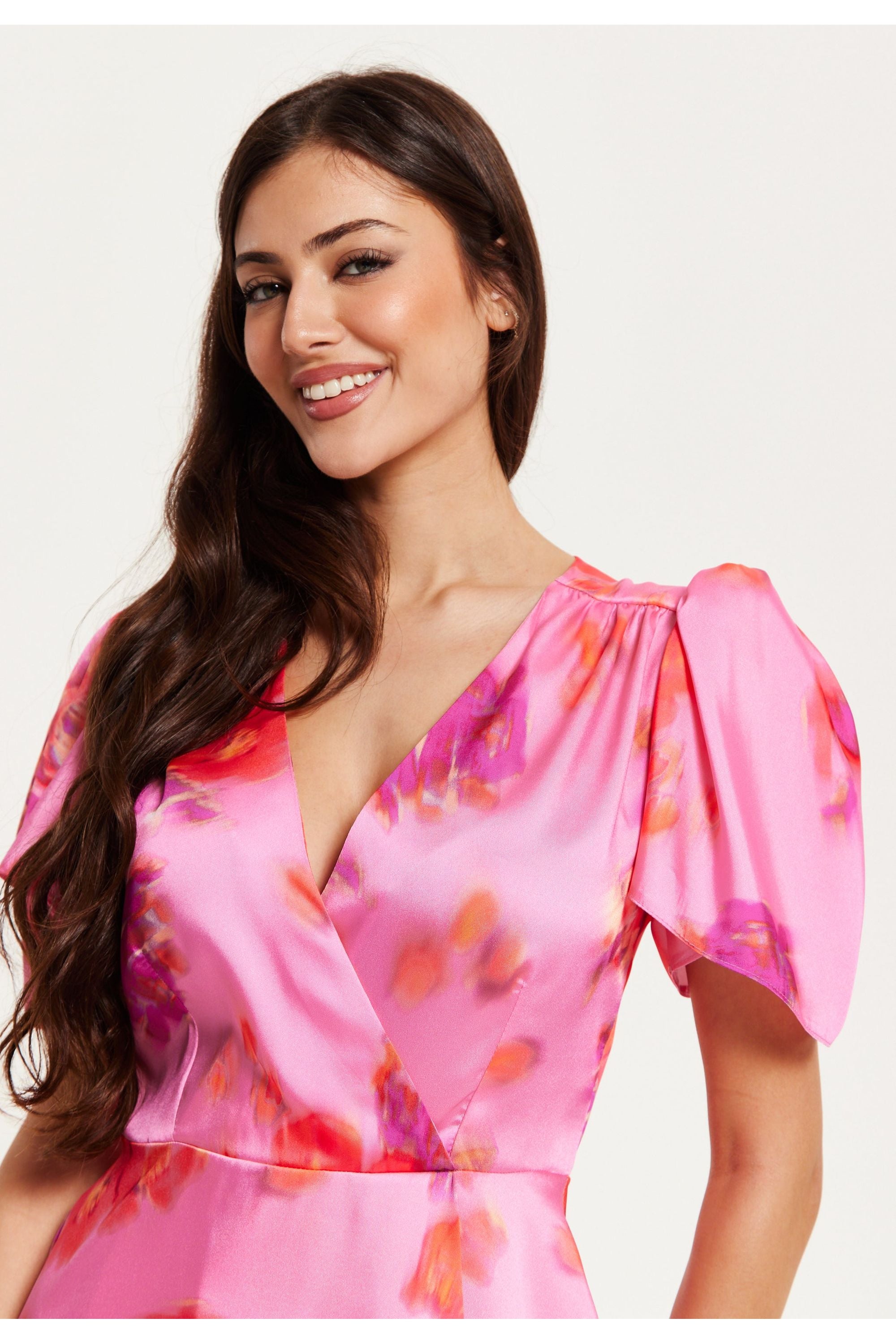 Floral Printed Angel Sleeve Mini Dress In Pink SVL004