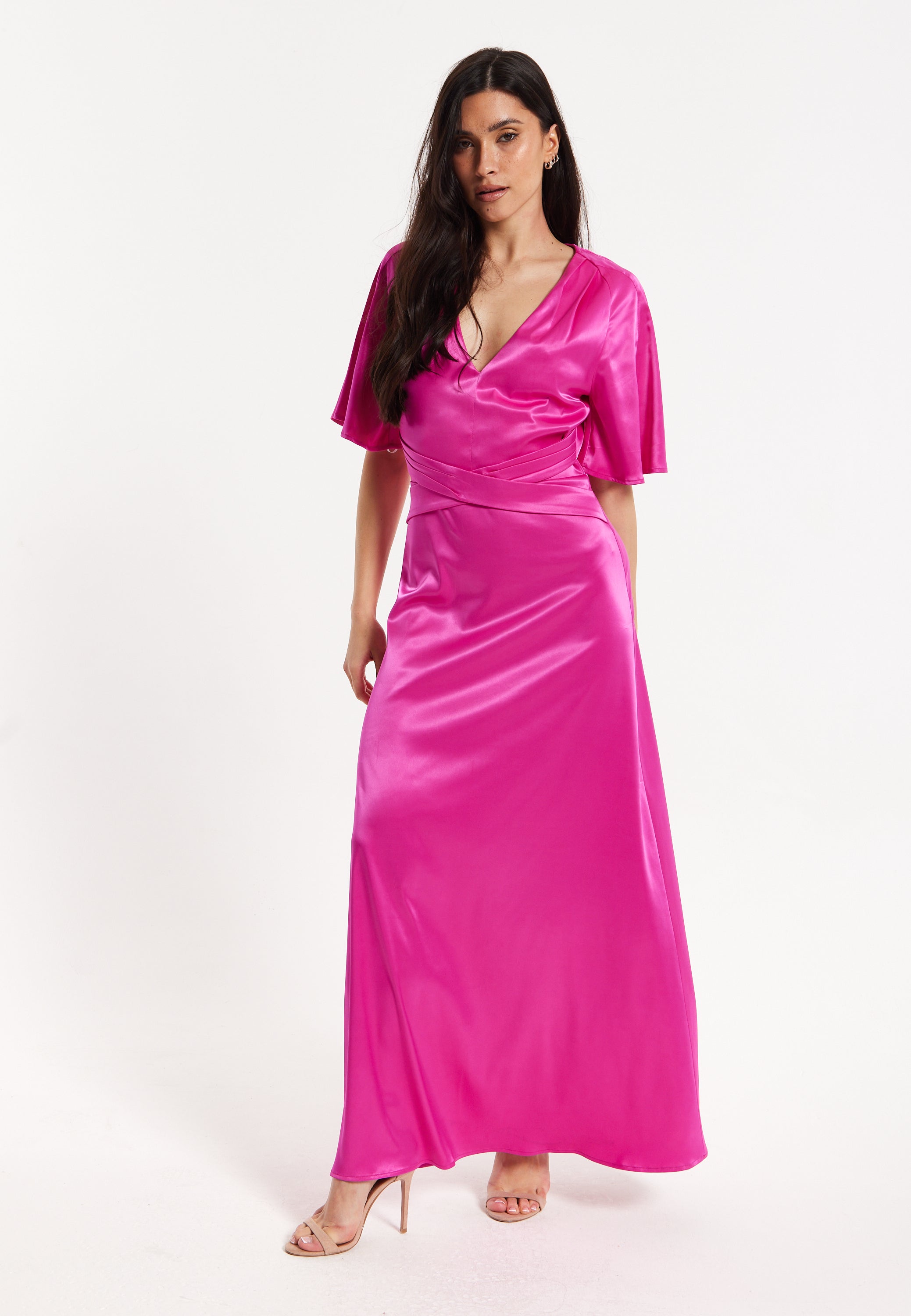 Hot Pink Satin Maxi Wrap Dress With Flutter Sleeves LI2407005