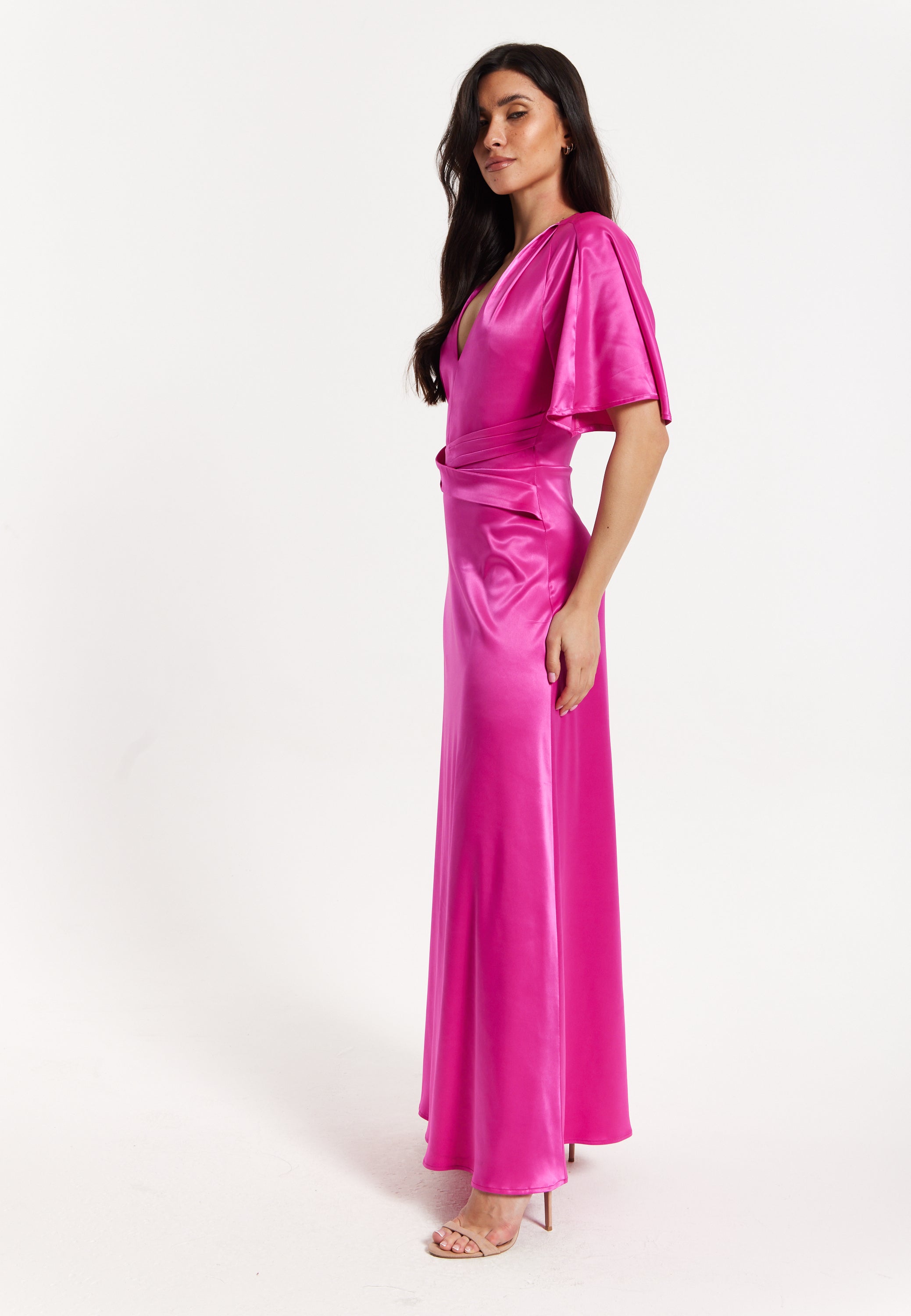 Hot Pink Satin Maxi Wrap Dress With Flutter Sleeves LI2407005
