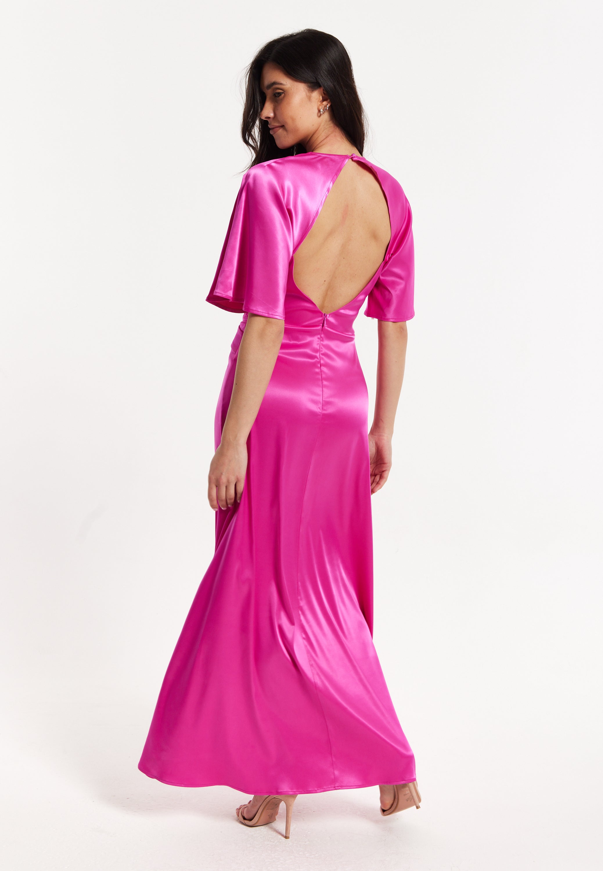 Hot Pink Satin Maxi Wrap Dress With Flutter Sleeves LI2407005