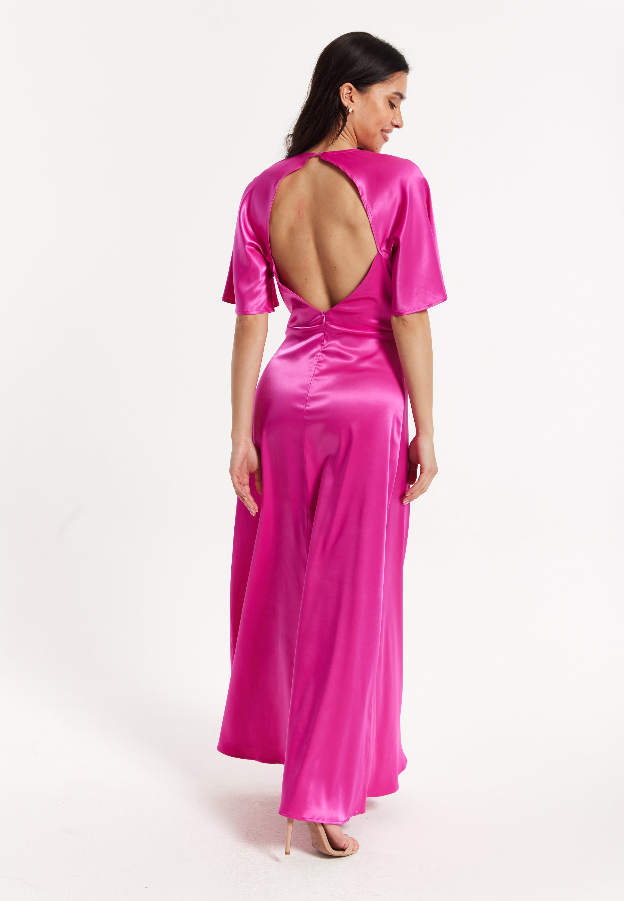 Hot Pink Satin Maxi Wrap Dress With Flutter Sleeves LI2407005