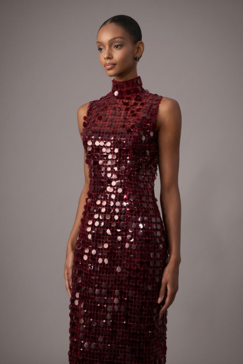 Burgundy Sequin High Neck Maxi Dress R2512HB014
