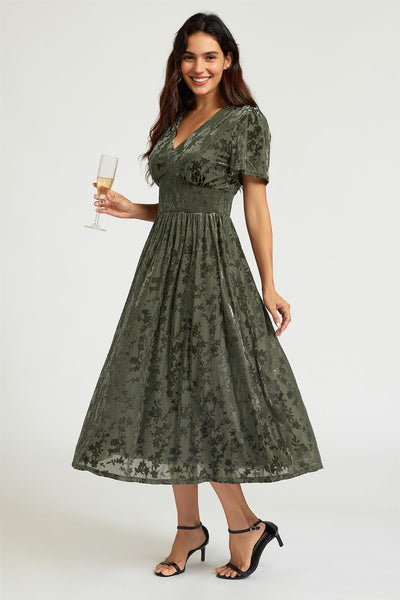 Dark Sage Velvet Burnout V-Neck Angel Sleeve Midi Dress by FS Collection