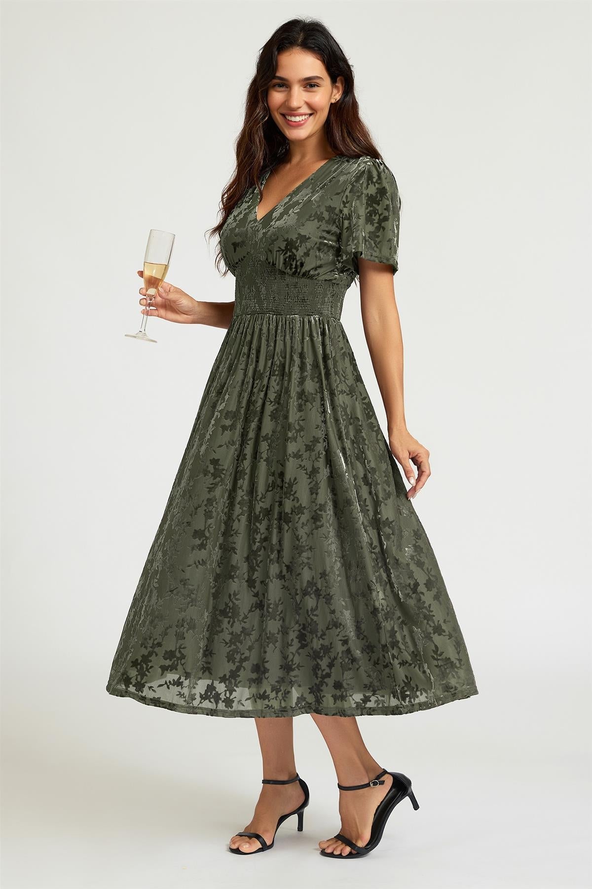 Dark Sage Velvet Burnout V-Neck Angel Sleeve Midi Dress FS955