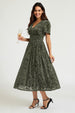 Dark Sage Velvet Burnout V-Neck Angel Sleeve Midi Dress by FS Collection