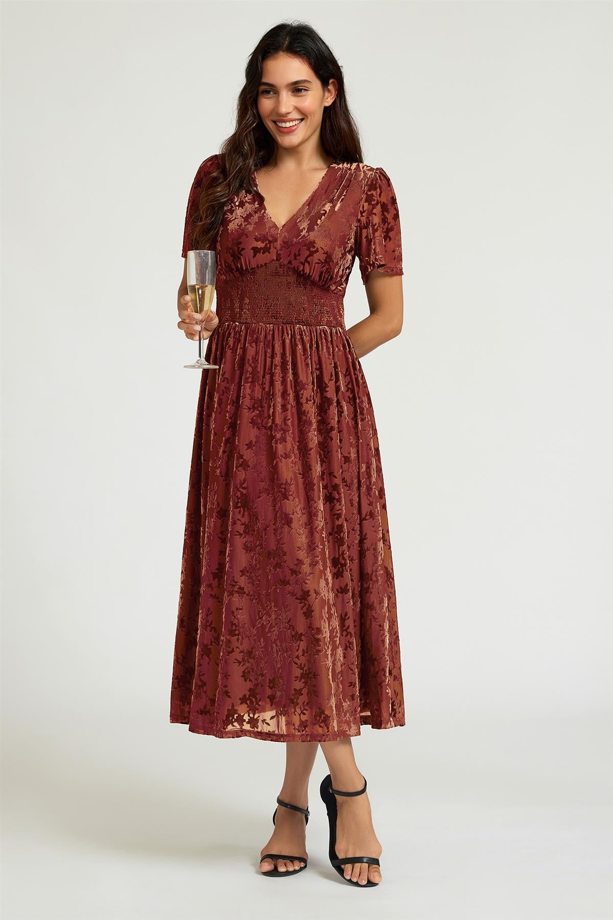 Rust Velvet Burnout V-Neck Angel Sleeve Midi Dress FS955