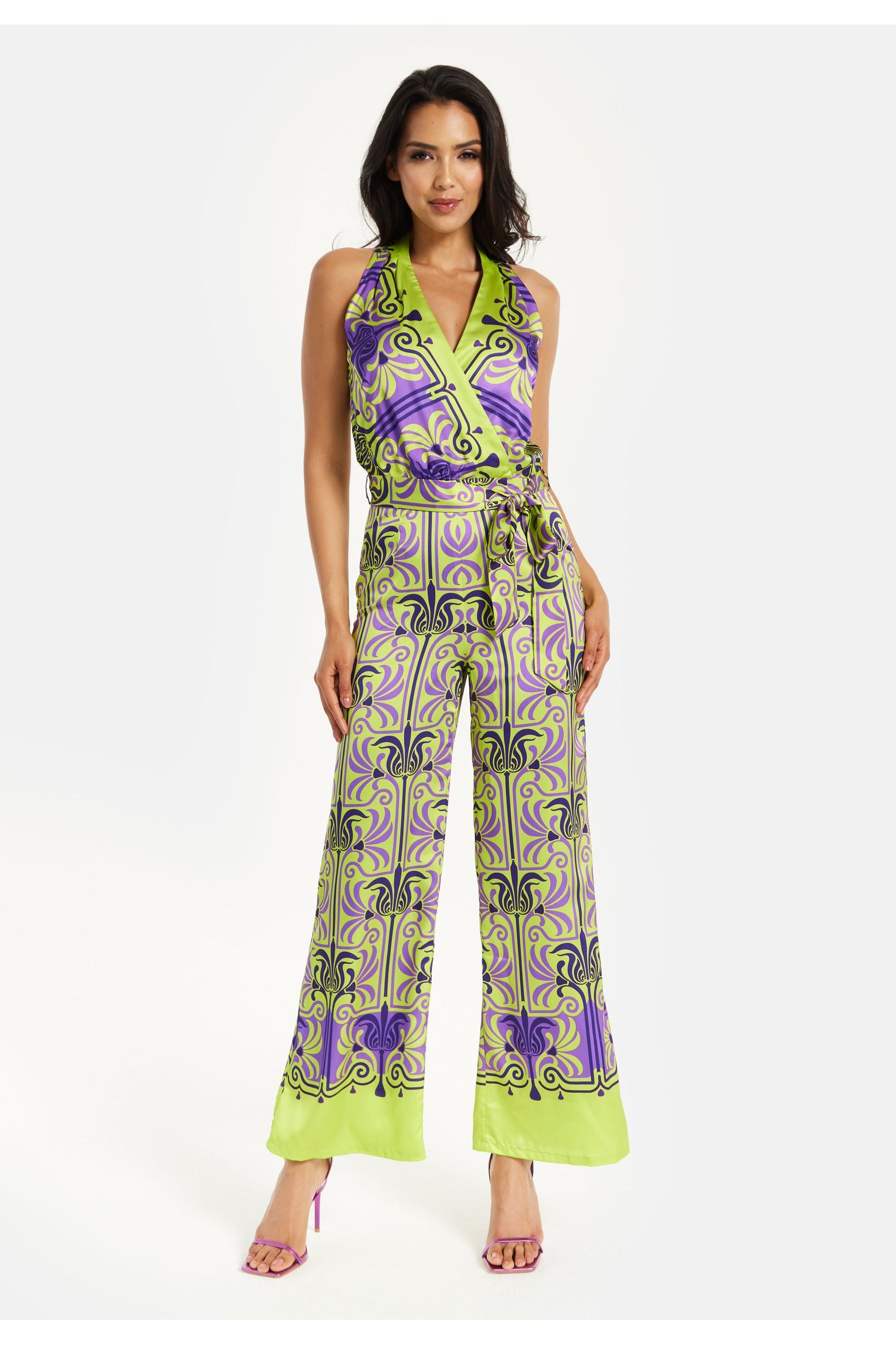 Printed Shawl Tie Neck Palazzo Jumpsuit ELF01100