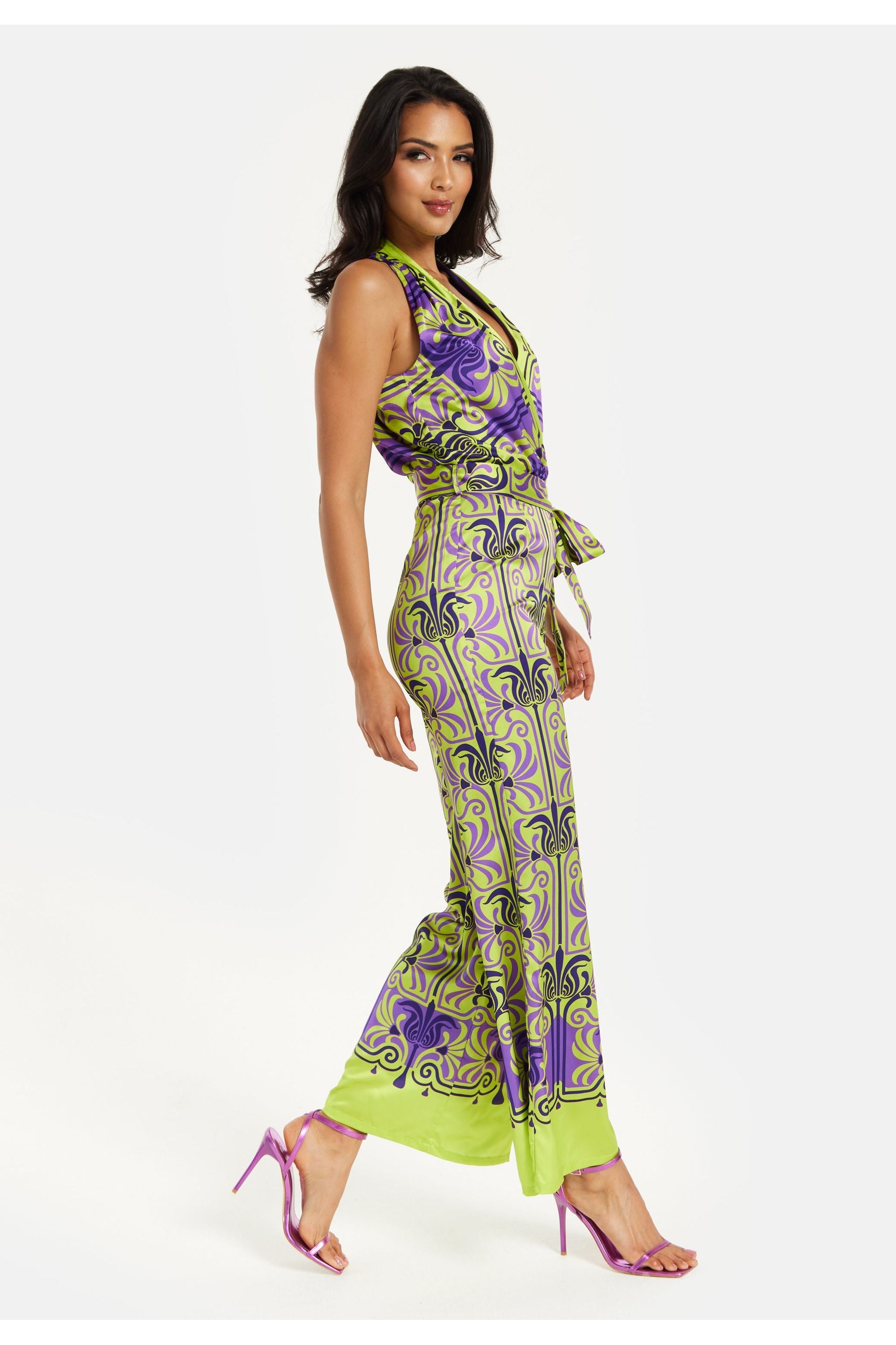 Printed Shawl Tie Neck Palazzo Jumpsuit ELF01100